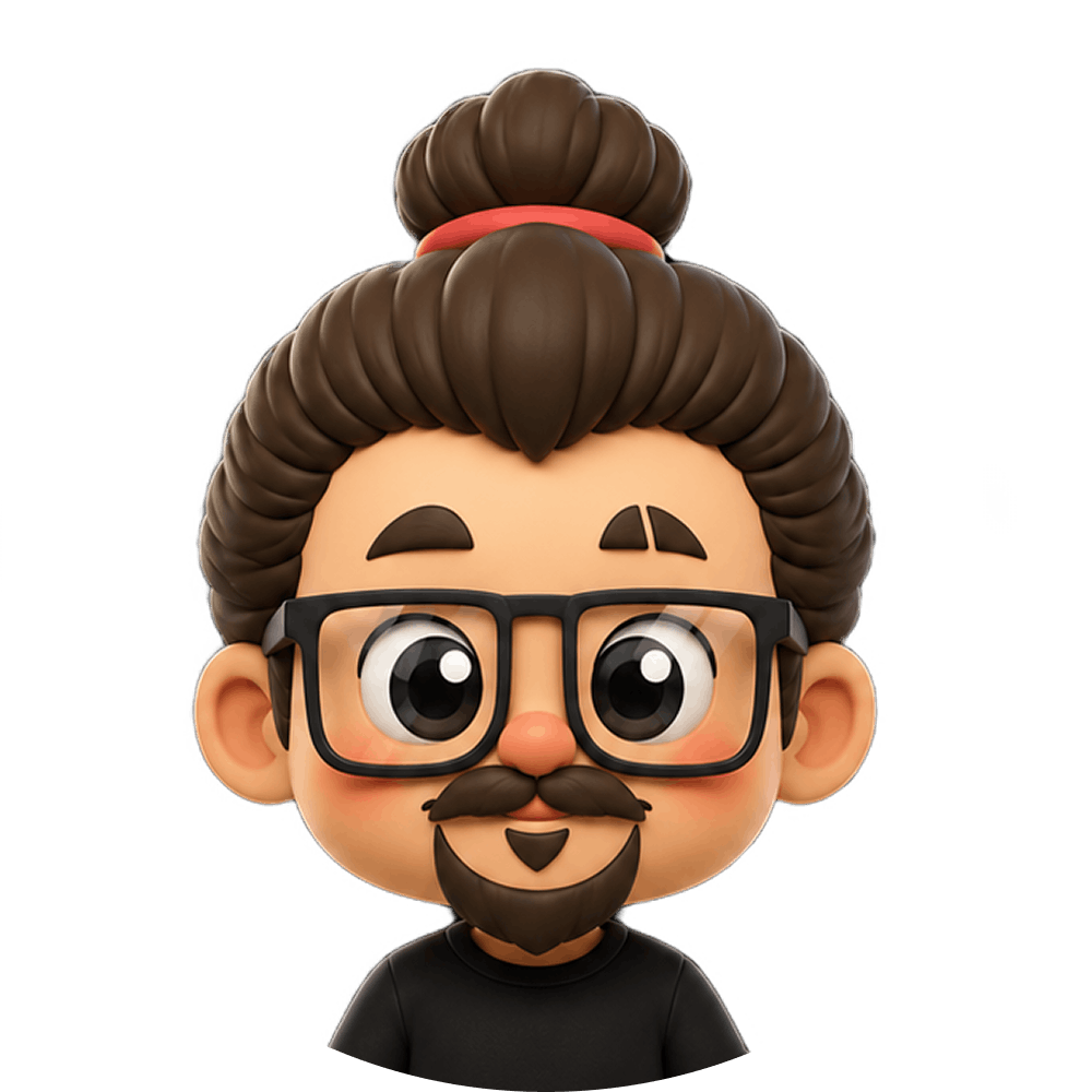3D animated avatar logo of Arun TR, a product designer and digital marketer based in Thrissur featuring a man with glasses, beard, and a top knot bun